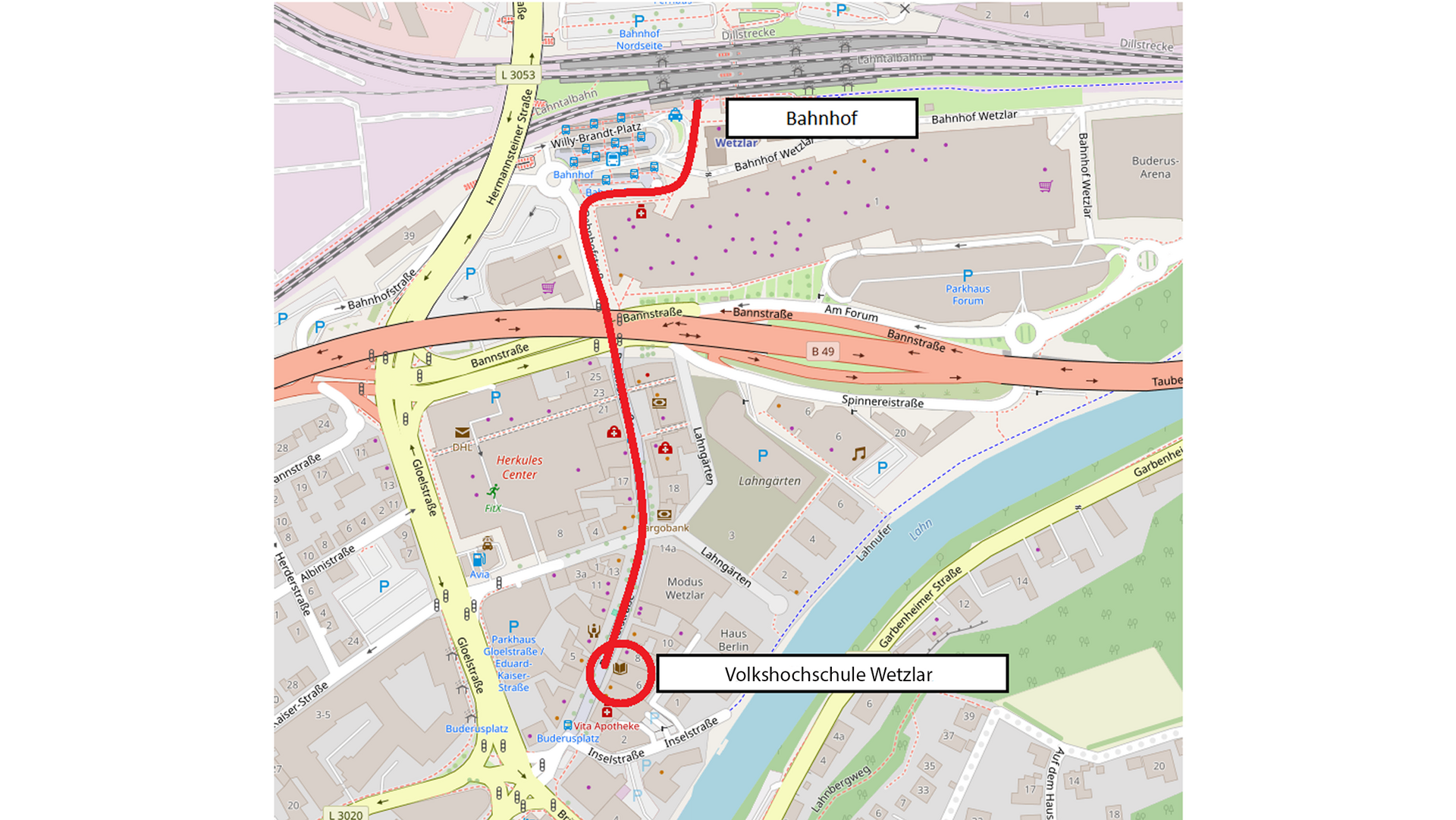 Wegbeschreibung Bahnhof Wetzlar zur Volkshochschule Wetzlar